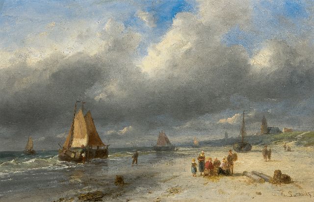 Charles Leickert | Visafslag en schepen op het strand van Scheveningen, olieverf op paneel, 25,8 x 40,3 cm, gesigneerd r.o.