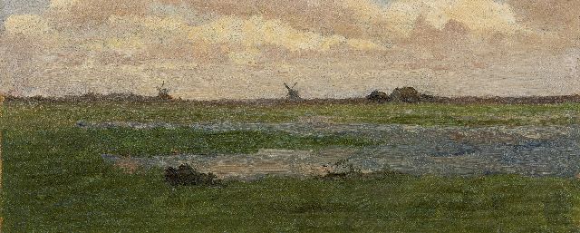 Constan Gabriel | Polderlandschap met molens in de verte, olieverf op doek op paneel, 16,0 x 38,0 cm
