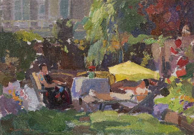 Henk van Leeuwen | Zomerdag in de tuin, olieverf op doek, 35,2 x 49,9 cm, gesigneerd l.o.