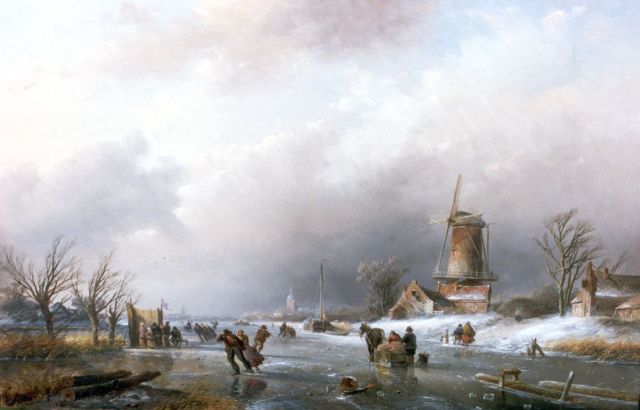 Jan Jacob Spohler | Schaatsers en koek-en-zopie in winters landschap, olieverf op paneel, 41,6 x 62,0 cm, gesigneerd r.o.