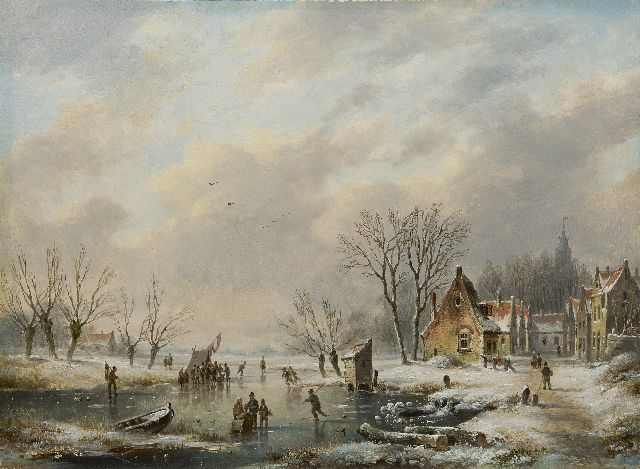 George Henry Hendriks | IJspret bij een winters dorpje, olieverf op paneel, 26,0 x 35,1 cm