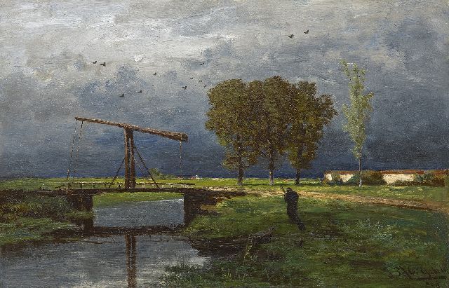 Paul Joseph Constantin Gabriel | Landschap met ophaalbrug op een buiige dag, olieverf op paneel, 21,1 x 31,4 cm, gesigneerd r.o. en gedateerd '69