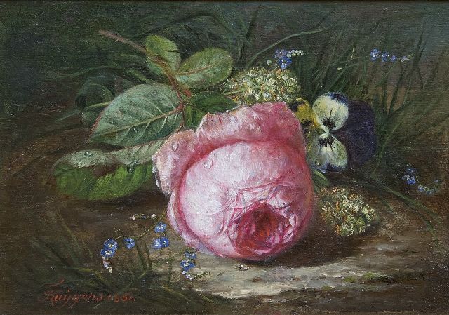 Huygens F.J.  | Roos en wilde bloemen op de bosgrond, olieverf op paneel 18,9 x 26,1 cm, gesigneerd l.o. en gedateerd 1861