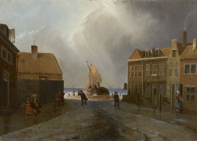 Joseph Bles | Hollands vissersdorp bij stormachtig weer, olieverf op paneel, 15,9 x 22,0 cm, gesigneerd l.o.