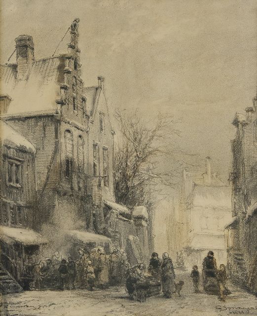 Cornelis Springer | Winters straatje met figuren, houtskool op papier, 50,5 x 40,0 cm, gesigneerd r.o. en gedateerd 1861