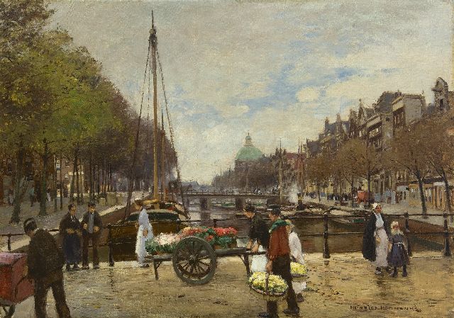 Heinrich Hermanns | Bloemenkar op de Lijnbaansbrug, Amsterdam, olieverf op doek, 63,9 x 89,5 cm, gesigneerd r.o.