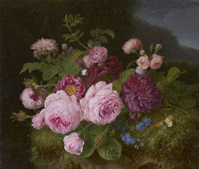 Henriëtte Knip | Boeket rozen op de bosgrond, olieverf op doek, 36,3 x 42,7 cm