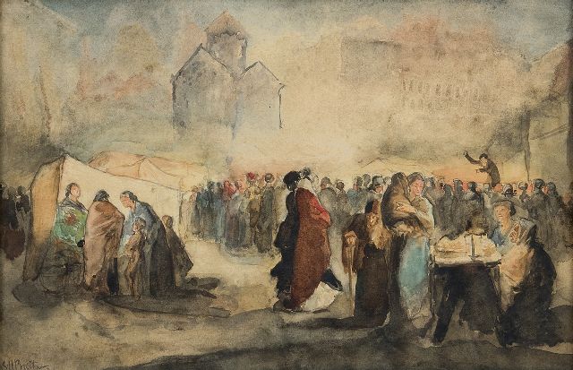 George Hendrik Breitner | Avondmarkt, potlood, inkt en aquarel op papier, 24,0 x 36,5 cm, gesigneerd l.o. en te dateren ca. 1880-1884