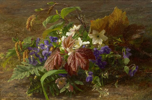 Gerardine van de Sande Bakhuyzen | Herfstboeket met wilde viooltjes op de bosgrond, olieverf op paneel, 24,8 x 36,6 cm, gesigneerd l.o.