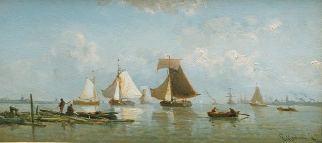 Everhardus Koster | Zomers rivierlandschap met boten en vissers, olieverf op paneel, 15,2 x 33,2 cm, gesigneerd r.o.