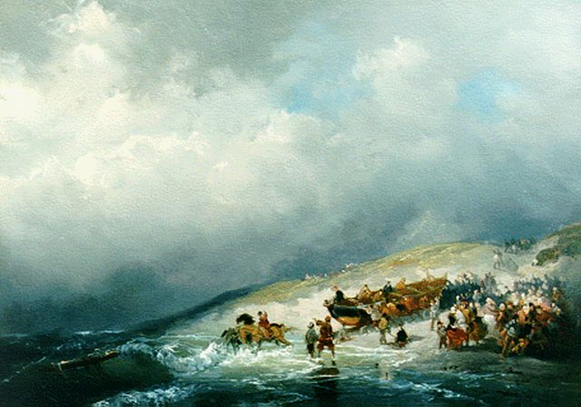 Frans Arnold Breuhaus de Groot | Paarden trekken de reddingsboot in het water, papier op doek, 36,0 x 51,0 cm