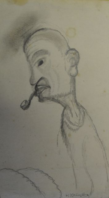 Herman Kruyder | Man met pijp, potlood op papier, 17,3 x 9,6 cm, gesigneerd r.o.
