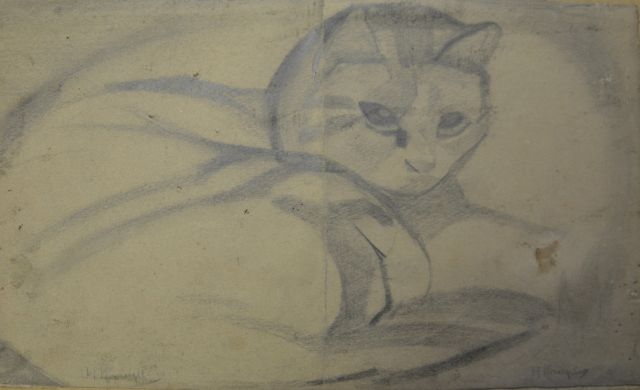 Herman Kruyder | Kat, potlood op papier, 14,9 x 25,0 cm, gesigneerd l.o. en r.o.