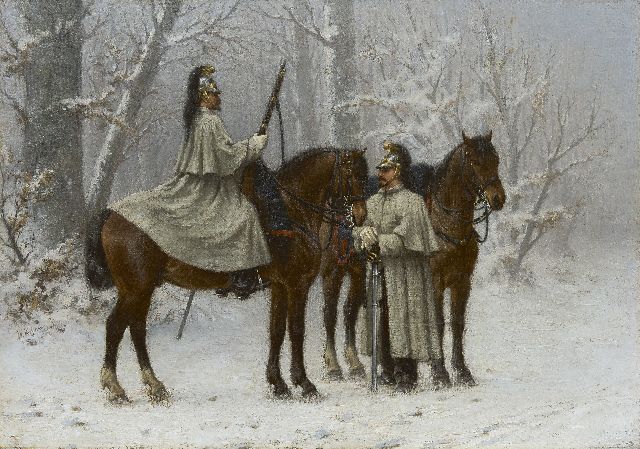 Verschuur jr. W.  | Cavaleristen in winters boslandschap, olieverf op doek 41,5 x 58,3 cm, gesigneerd l.m.