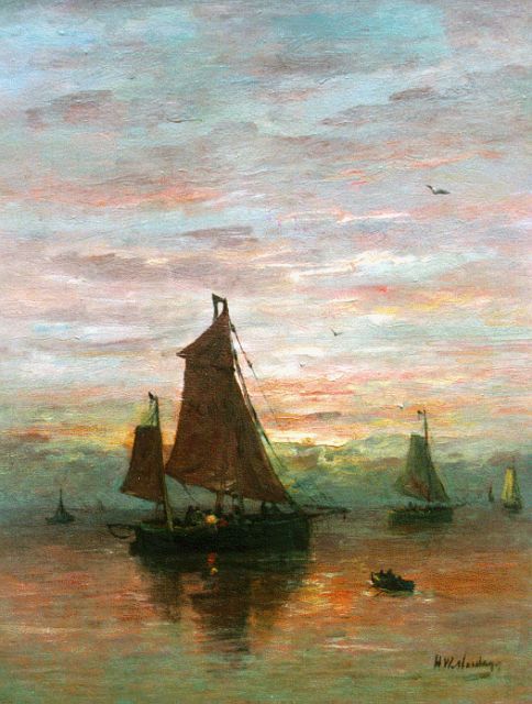 Hendrik Willem Mesdag | Schepen voor de kust met roeiboot, olieverf op doek, 51,7 x 40,1 cm, gesigneerd r.o.