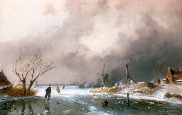 Charles Leickert | Winterlandschap met schaatsers op een rivier, olieverf op paneel, 22,7 x 36,3 cm, gesigneerd r.o.