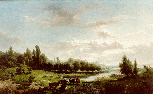 Jan de Haas | Koeien in de uiterwaarden, olieverf op paneel, 46,5 x 71,0 cm, gesigneerd l.o. en gedateerd '55