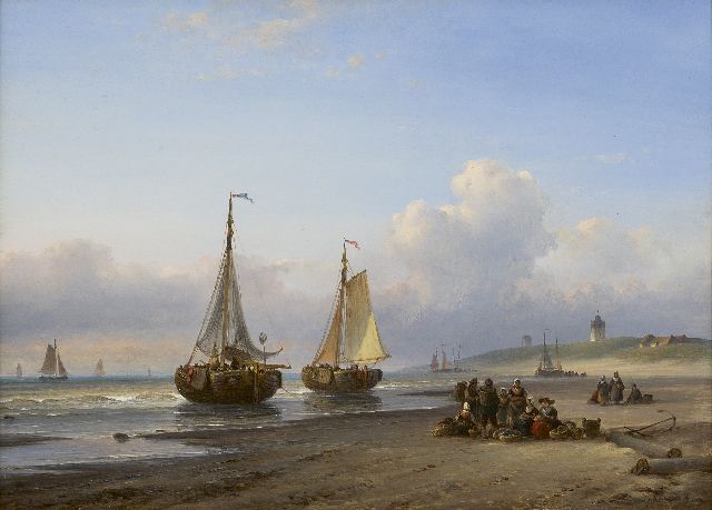 Lodewijk Johannes Kleijn | Vissersvolk en schuiten op het strand van Scheveningen, olieverf op paneel, 30,0 x 40,5 cm, gesigneerd r.o.