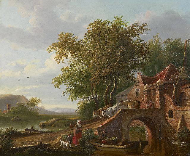 Jacobus van der Stok | Herder met koeien in zomerlandschap (pendant van winter), olieverf op paneel, 32,1 x 38,6 cm