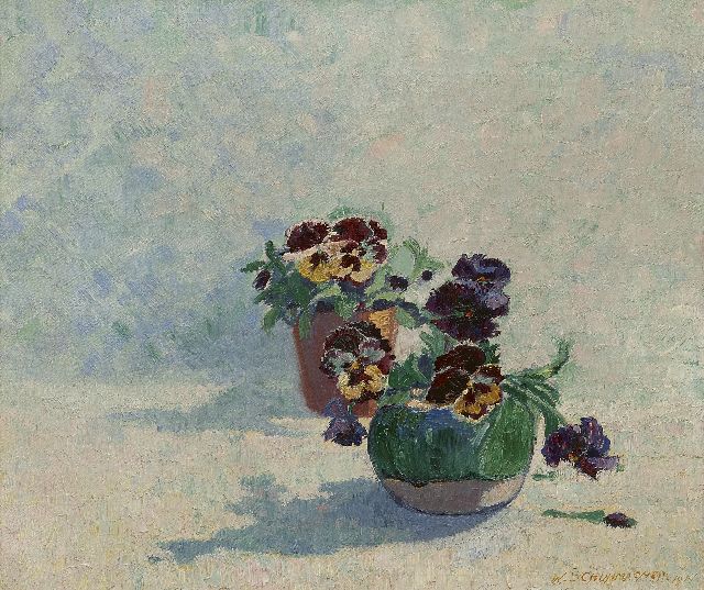 Wim Schuhmacher | Gemberpot met viooltjes, olieverf op doek, 34,5 x 40,3 cm, gesigneerd r.o. en gedateerd 1914