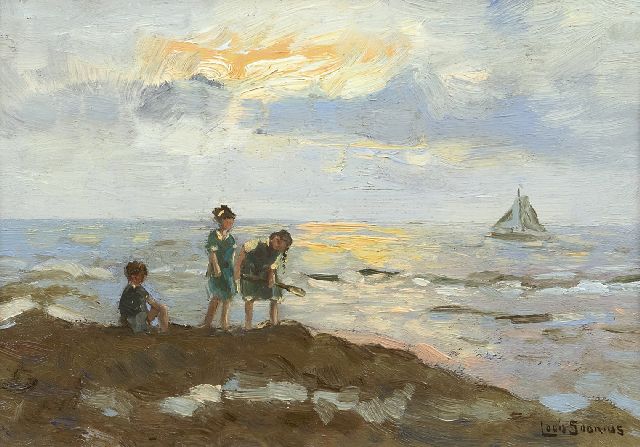 Soonius L.  | Spelende kinderen op het strand, olieverf op paneel 19,9 x 28,0 cm, gesigneerd r.o.