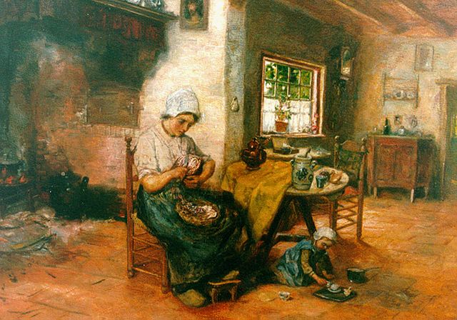 Kees Koppenol | Boereninterieur met moeder en kind, olieverf op doek, 61,0 x 81,0 cm, gesigneerd r.o.