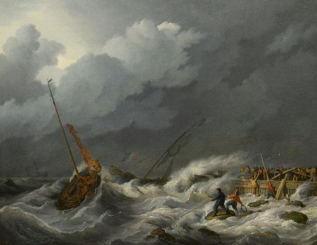 Koekkoek J.H.  | Averij bij het binnenlopen van een haven in een vliegende storm, olieverf op doek 97,2 x 123,3 cm, gesigneerd r.o.  vage signatuur