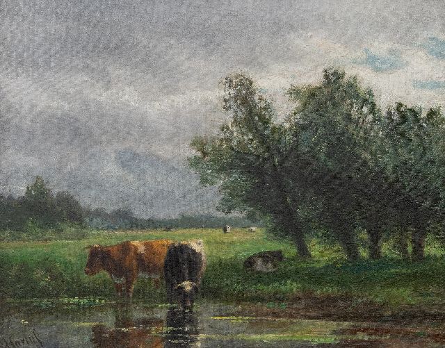 Hendrik Savrij | Koeien aan de slootkant, olieverf op doek, 37,0 x 47,2 cm, gesigneerd l.o.