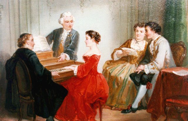 Henricus Engelbertus Reijntjens | Bij de piano, olieverf op paneel, 14,6 x 19,2 cm, gesigneerd r.o.