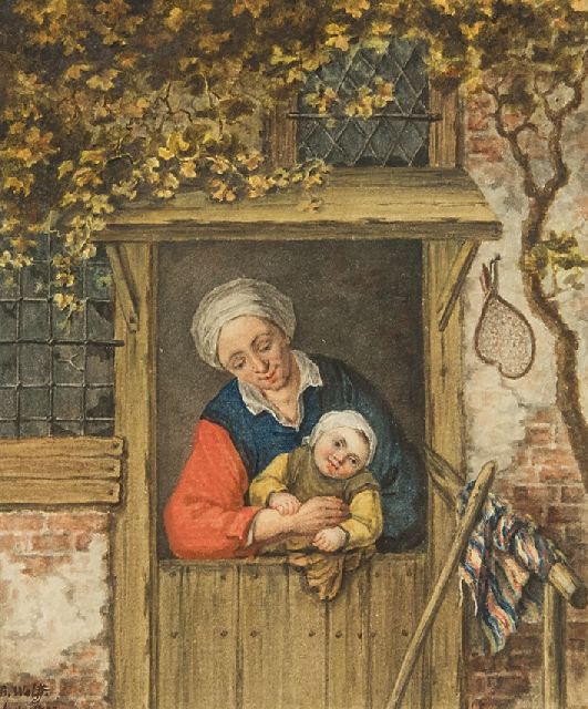 Wolff B.  | Boerenvrouw met kind in een deuropening, aquarel op papier 14,2 x 12,3 cm, gesigneerd l.o. en gedateerd 1793