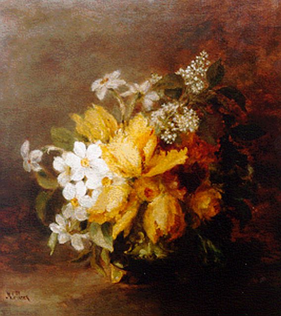 Marguérite Carolina de Clerq | Stilleven met bloemen in een vaas, olieverf op doek, 58,5 x 52,5 cm, gesigneerd l.o.