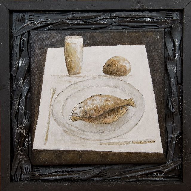 Evert van Hemert | Het kunstenaarsontbijt, acryl op doek, 57,0 x 57,0 cm, gesigneerd r.o. op mes met monogram en gedateerd MMXVII