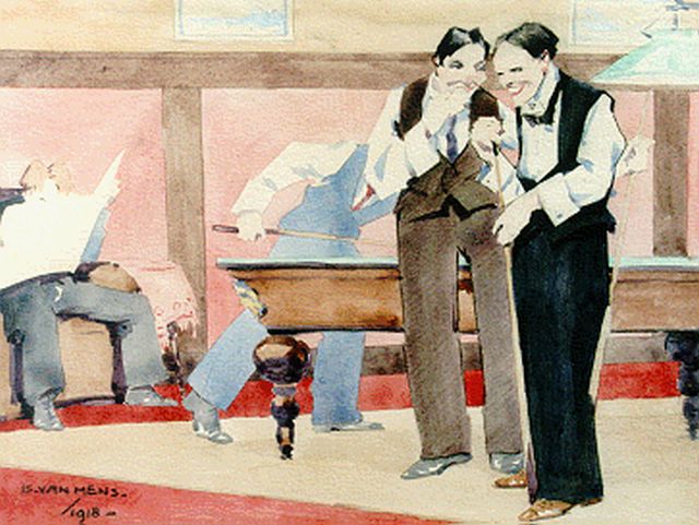 Is Mens | Roddelpraat aan het biljart, aquarel op papier, 25,0 x 32,5 cm, gesigneerd l.o. en gedateerd 1918