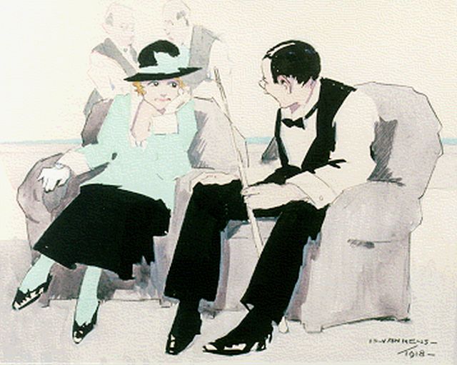 Is Mens | Gesprek in de clubfauteuils, aquarel op papier, 25,5 x 35,0 cm, gesigneerd r.o. en gedateerd 1918