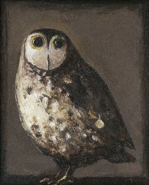 Evert van Hemert | Uil, acryl op doek, 30,2 x 25,1 cm, gesigneerd m.b. met initialen