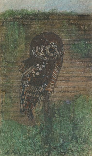 Margaretha Mack | Uil op stok, pastel op papier op karton, 49,5 x 30,1 cm, gesigneerd l.o.