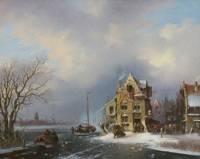 Jacobus van der Stok | Bedrijvigheid in een stad aan een bevroren rivier, olieverf op doek, 40,8 x 50,6 cm, gesigneerd r.o. en gedateerd '59