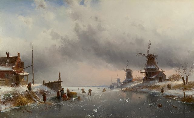 Charles Leickert | Winterlandschap met figuren op een bevroren rivier, olieverf op doek, 61,9 x 100,2 cm, gesigneerd r.o. en gedateerd '81