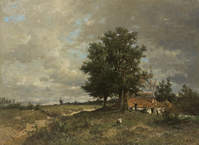 Anton Mauve | Weids zomerlandschap met boerderij en molen en schaapskudde in het verschiet, olieverf op doek, 75,0 x 101,7 cm, gesigneerd r.o. en te dateren ca. 1870