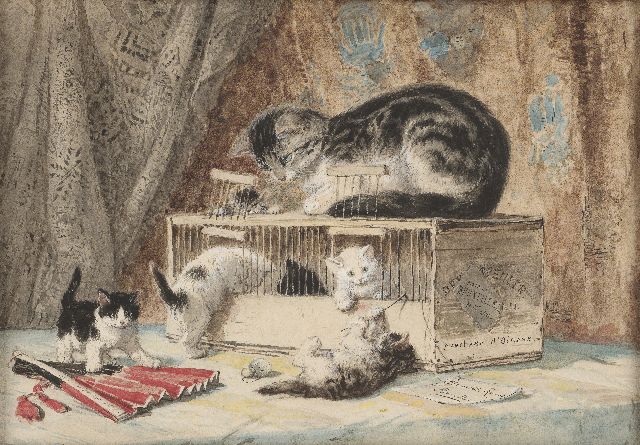 Henriette Ronner | Moederpoes en kittens spelend met een vogelkooi, aquarel op papier, 30,2 x 43,9 cm, gesigneerd r.o. op geschilderd label