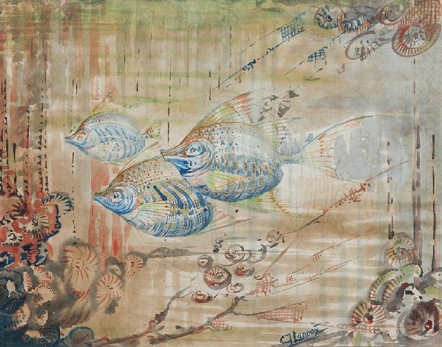 Chris Lanooy | Drie vissen, aquarel op papier, 19,9 x 25,1 cm, gesigneerd r.v.h.m.