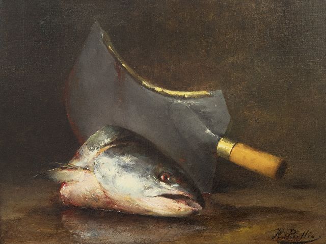 Bellis J.L.  | Stilleven met vissenkop en hakmes, olieverf op doek 47,2 x 63,0 cm, gesigneerd r.o.