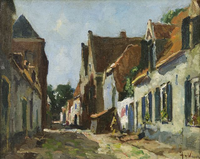 Jan van Vuuren | Zonnig straatje in Elburg, olieverf op doek, 24,0 x 29,8 cm, gesigneerd r.o.