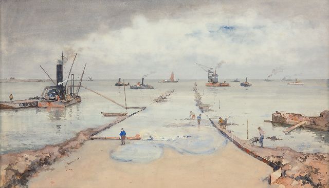 Cornelis Vreedenburgh | De Afsluitdijk in aanbouw, 1931, aquarel op papier, 54,1 x 92,4 cm, gesigneerd r.o. en gedateerd 1931