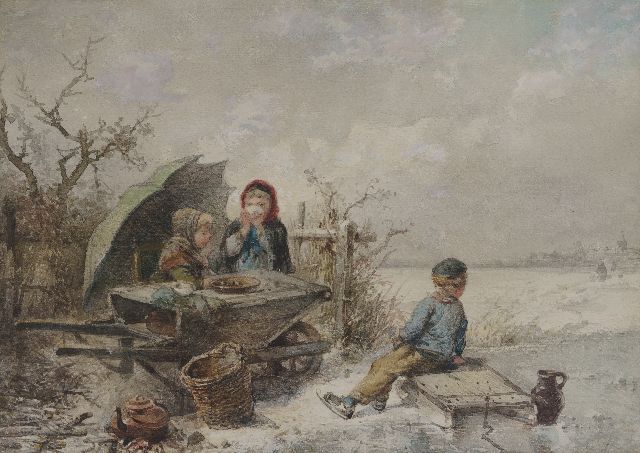 Mari ten Kate | Spelende kinderen op het ijs, aquarel op papier, 25,4 x 35,1 cm, gesigneerd l.o. (met resten van signatuur)