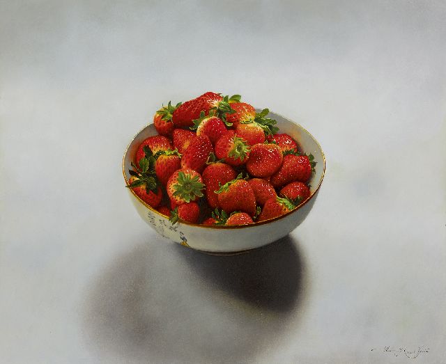 Walter Elst | Aardbeien in een kom, olieverf op paneel, 33,0 x 40,0 cm, gesigneerd r.o. en gedateerd 2008