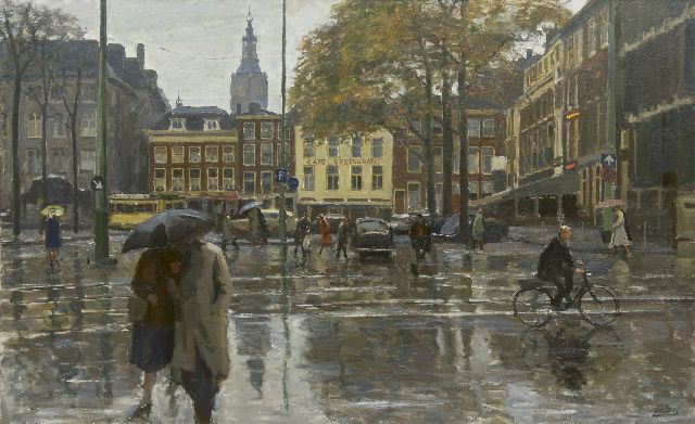 Piet van Boxel | Samen onder de paraplu op het Buitenhof, Den Haag, olieverf op doek, 100,5 x 160,5 cm, gesigneerd r.o. en te dateren jaren 60
