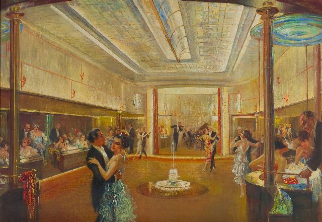 Felix Schwarmstädt | Dansen aan boord van de ss Bremen, olieverf op doek, 90,1 x 131,0 cm, gesigneerd l.o. en te dateren ca. 1928