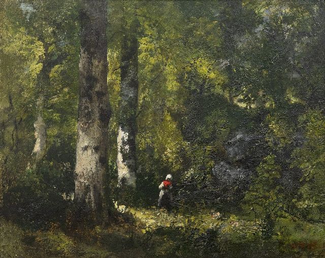 Diaz de la Peña N.V.  | Houtsprokkelaarster in het bos van Fontainebleau, olieverf op schildersboard 32,3 x 40,6 cm, gesigneerd r.o.