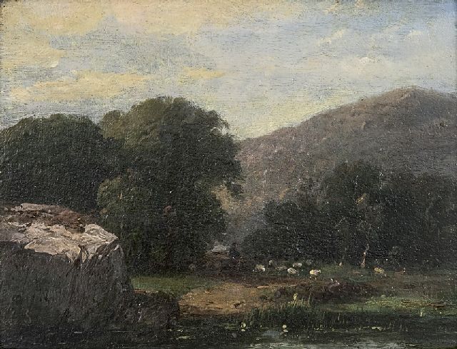 Schelfhout A.  | Heuvellandschap met schaapskudde en herder, olieverf op paneel 13,8 x 17,5 cm, gesigneerd l.o. met initialen